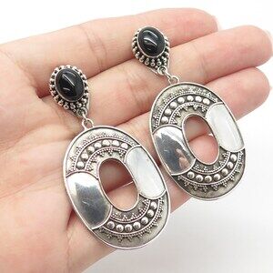 925 Sterling Silver Vintage Real Black Onyx Gemstone Ethnic Dangling Earrings